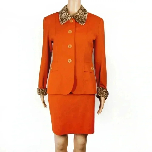Vintage Dresses & Skirts - Vintage 80s Leopard Print Faux Fur Collar Bright Red Orange Blazer Skirt Set